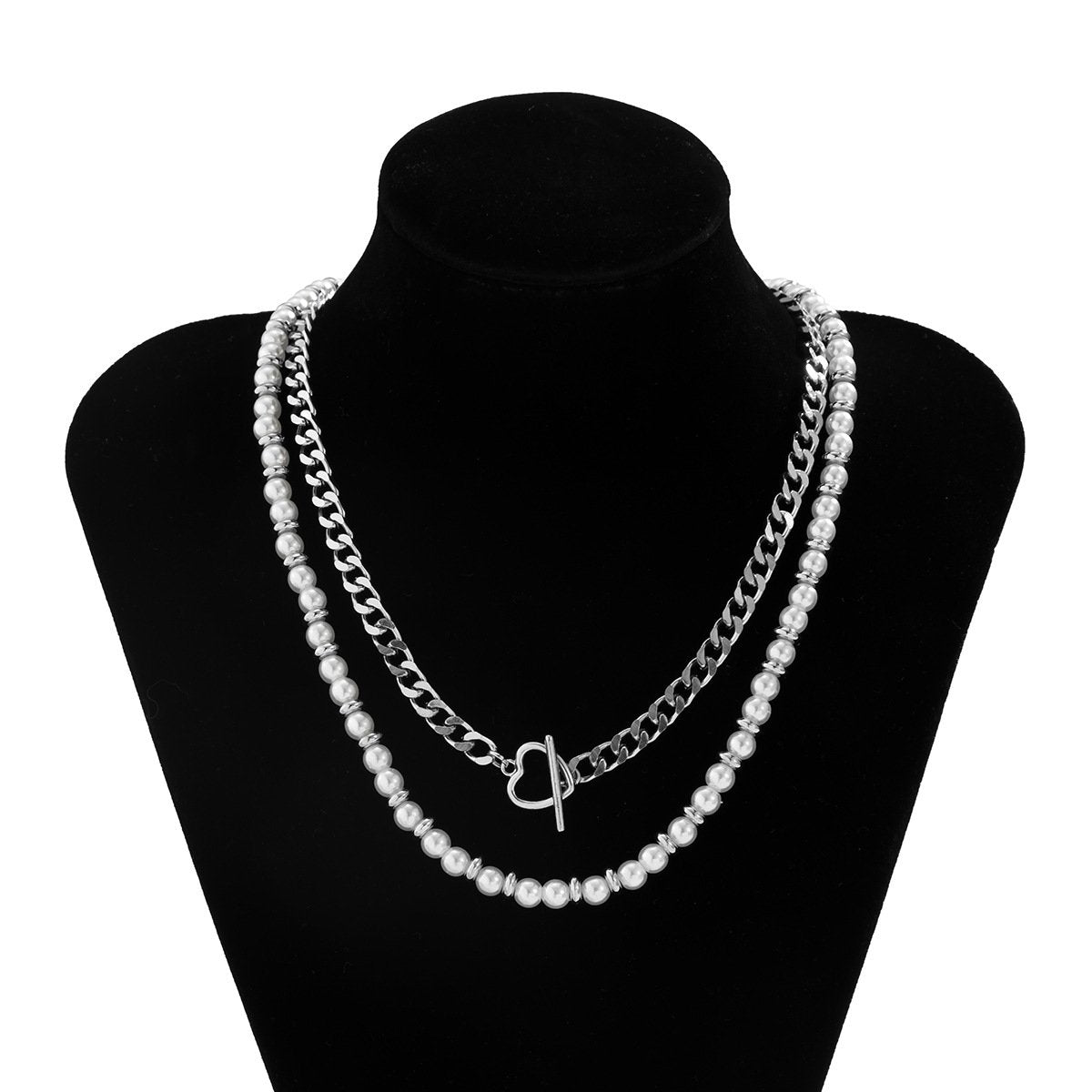 Jewelry Creative Round Beads Mixed Color Necklace Double Layer Metal Sweet Cool OT Buckle Imitation Pearl Necklace