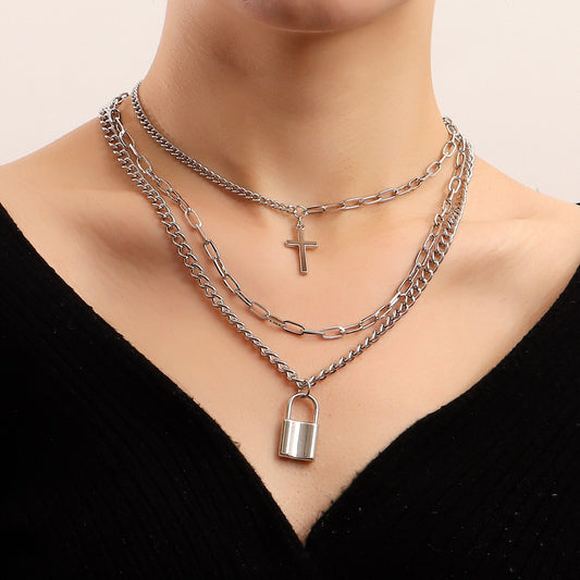 Jewelry Retro Cross Multilayer Necklace Women's Fashion Padlock Business Versatile Clavicle Chain