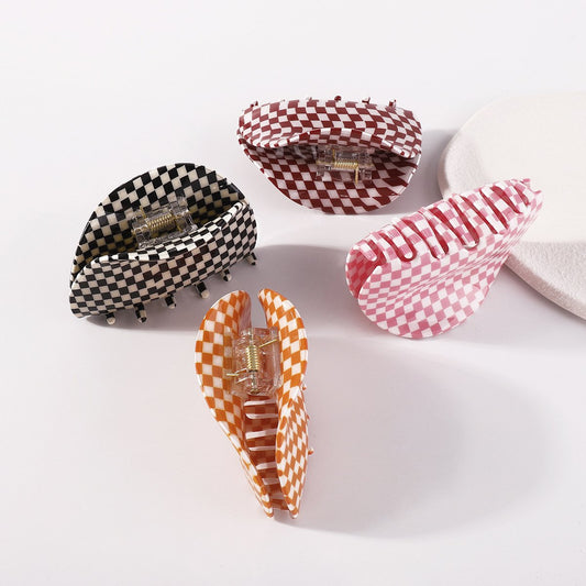F4128 French checkerboard color hairpin acetate plate retro semicircle fashion net red back head grab clip female