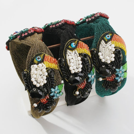 F3712 Exaggerated light luxury headband female bird pearl rhinestone flower headband gorgeous sequin beaded hair accessories