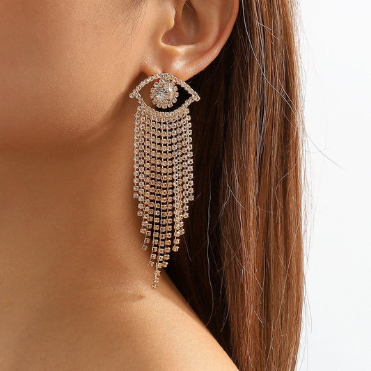 E1978 Long Exaggerated Geometric Tassel Rhinestone Earrings Creative Angel Eye Rhinestone Personality Earrings