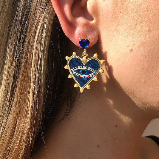 E9621 Jewelry Peach Heart Exaggerated Devil's Eye Earrings Drip Oil Micro-Inlaid Temperament Geometric Earrings