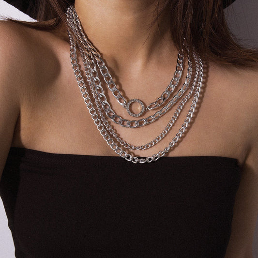 Jewelry Exaggerated Punk Trend Multilayer Necklace Fashion Diamond Circle Thick Chain Necklace Female