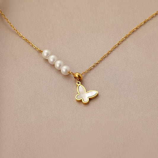 Fashion stainless steel butterfly mother-of-pearl pendant titanium steel trendy aesthetic and elegant pearl clavicle necklace