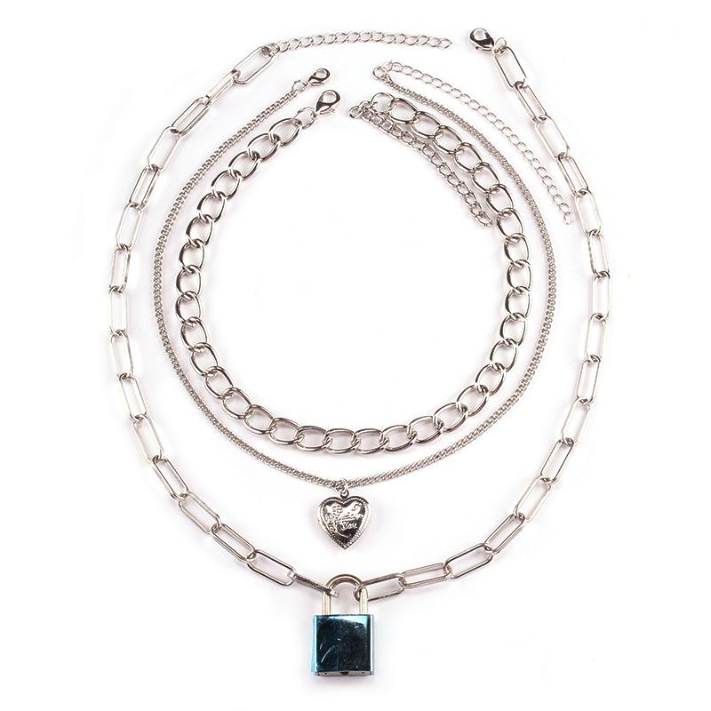 Personalized multi-layer peach heart padlock jewelry thick chain hip-hop punk key lock necklace