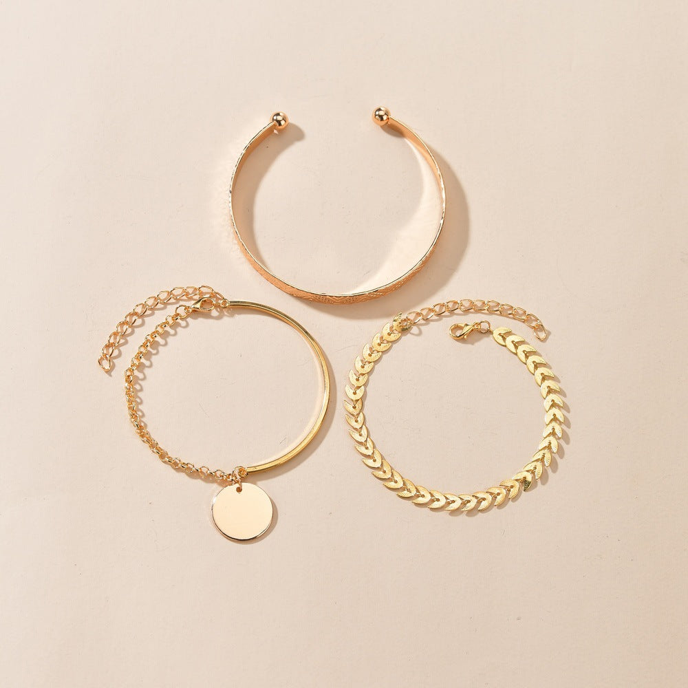 Fashion Plating KC Gold Bracelet Retro Disc Pendant Bracelet Three-piece Set Accessories