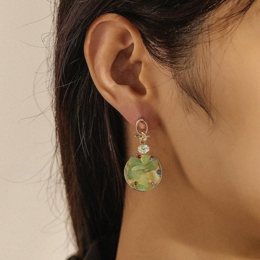 French Temperament Oval Green Aventurine Crushed Stone Zircon Earrings Fashion Personality Ability Original Stone Diamond Earrings