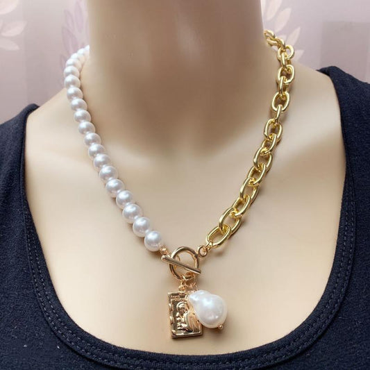 Korean ins net red temperament single-layer special-shaped pearl OT buckle necklace trendy brand simple necklace clavicle chain female