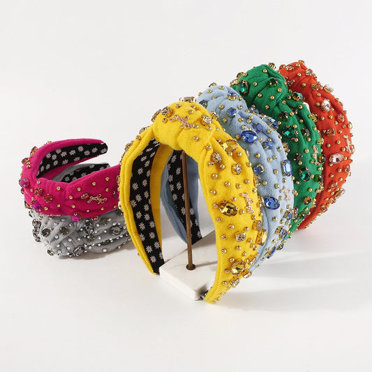 F578 Baroque retro wide-brimmed knotted beaded rhinestone headband flannelette thickened letter personality light luxury headband