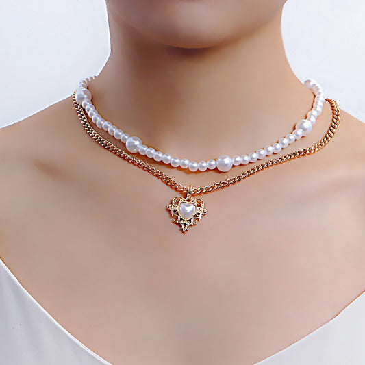 Jewelry trend double-layer imitation pearl love pendant necklace female hot girl all-match beaded necklace