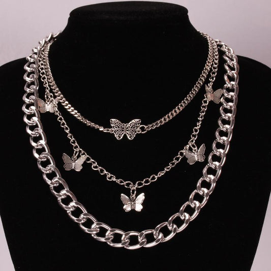 Retro Thick Chain Double Layer Butterfly Pendant Female Geometric Creative Elements Fashion Trend Necklace