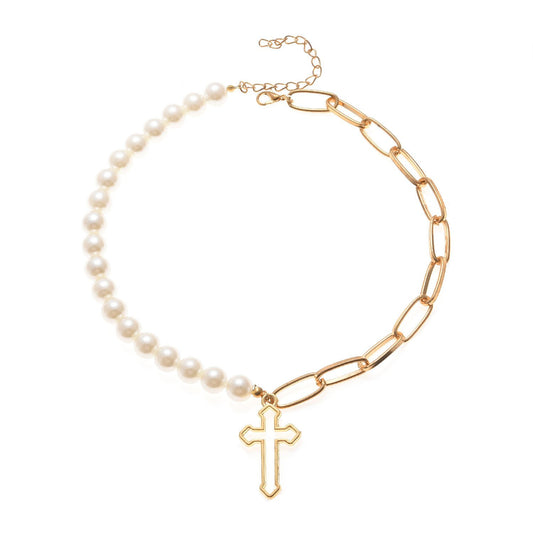 Jewelry Fashion Pearl Chain Cross Necklace Ladies Punk Retro Exaggerated Short Pendant