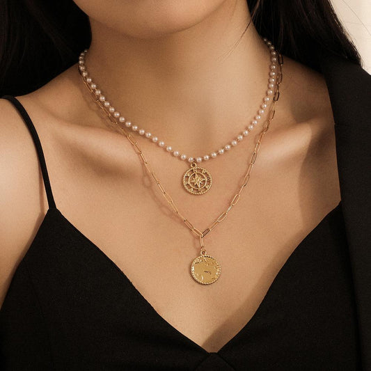 Fashion double-layer retro pearl clavicle chain creative nautical compass coin map double pendant necklace female
