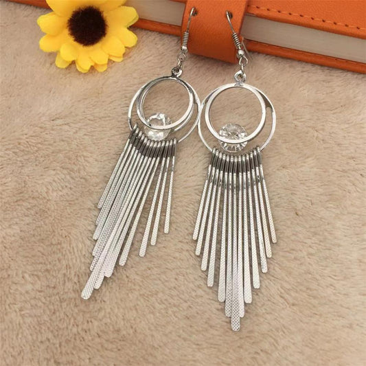 High Quality Double Hoop Earrings Fine Grain Metal Tassel Imitation Zircon Earrings Ethnic Jewelry