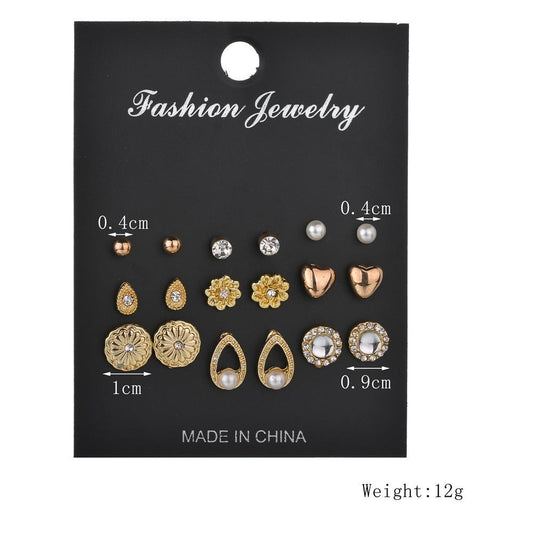 Popular Earrings Rhinestone Heart 9 Pairs Stud Earrings Set Combination