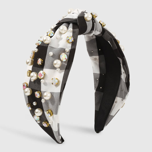 F4845 Chessboard fabric knotted wide-brimmed headband Hong Kong retro rhinestone beaded small crowd creative headband