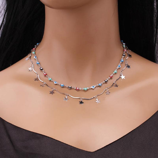Jewelry Handmade Fashion Devil's Eye Necklace Female Simple Double-layer Pentagonal Star Pendant Necklace