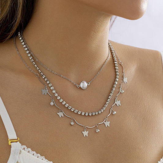 Jewelry Niche Butterfly Rhinestone Tassel Multi-layer Necklace Simple Diamond-studded Imitation Pearl Necklace Women