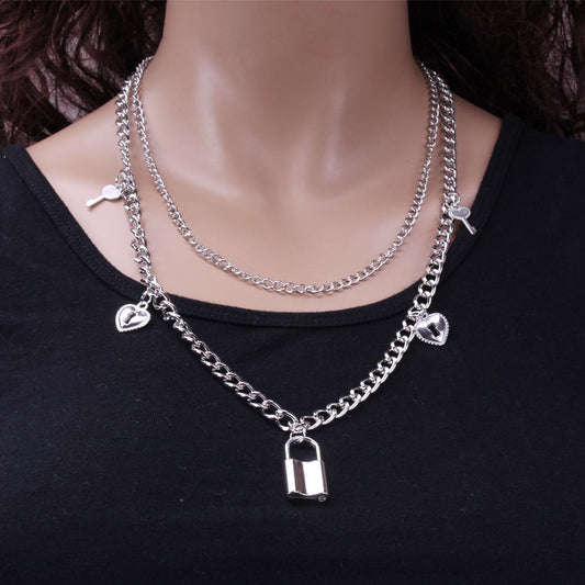 Jewelry Fashion Geometric Double Layer Versatile Lock Key Necklace Retro Snake Pendant Necklace Female