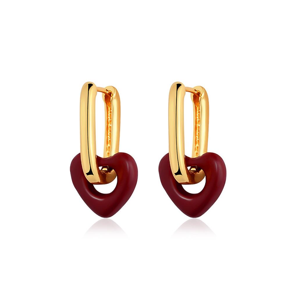 French retro wine red love earrings women's fashion light luxury niche temperament heart pendant earrings Hong Kong earrings
