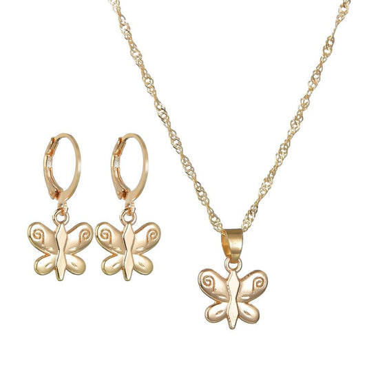 Gold Butterfly Round Buckle Earrings Necklace Accessories Simple Fashion Two-Piece Set Ornaments