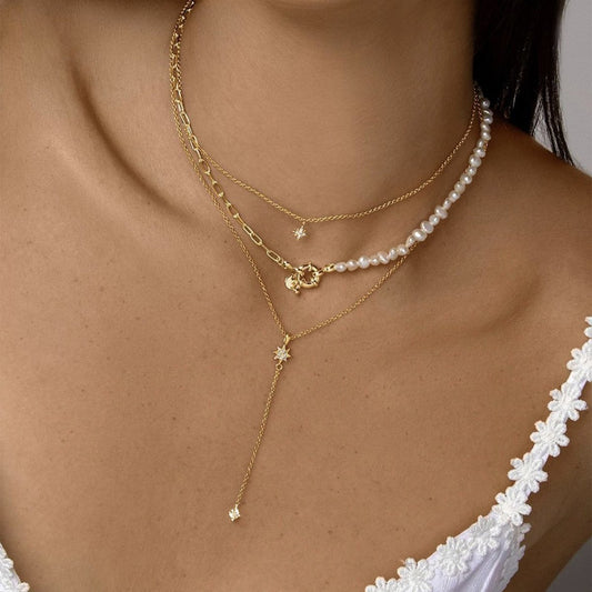 Design sense pearl splicing all-match star-shaped pendant collarbone chain niche inlaid rhinestone snowflake stacked necklace
