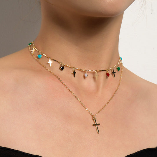 Jewelry Fashion Simple Cross Pendant Female Drop Glaze Heart Colorful Gemstone Tassel Necklace