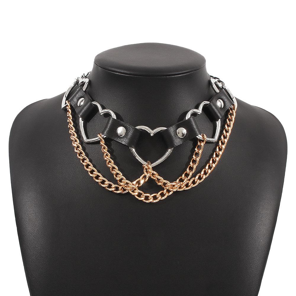 N9892 Hip Hop Punk Exaggerated Necklace Metal Texture PU Love Necklace Trendy Cool Personality Clavicle Chain
