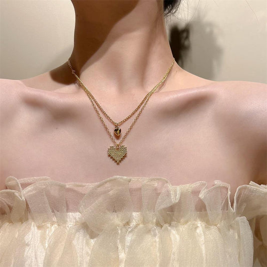 Ins full diamond love necklace female fashion light luxury double-layer heart-shaped clavicle chain niche design peach heart necklace