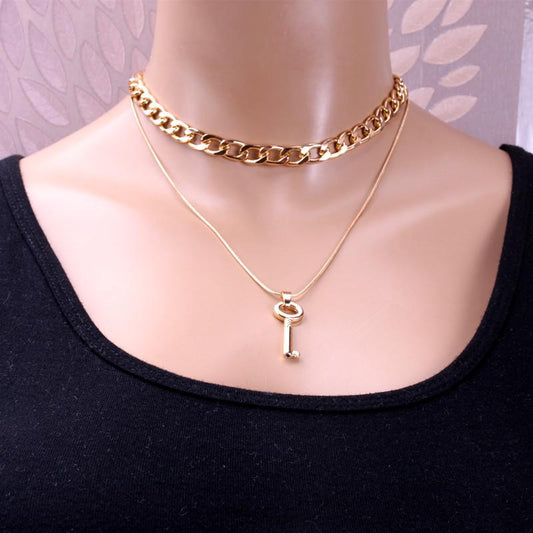 Jewelry Hip Hop Thick Chain Metal Texture Necklace Simple Retro Key Double Layer Necklace Female