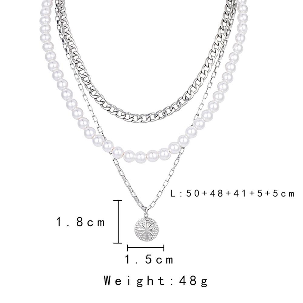 Steel color multi-layer stainless steel pearl chain exquisite sun coin pendant necklace hip-hop personality titanium steel chain
