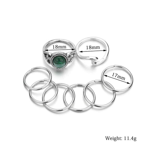 Fashion personality Bohemian ethnic ball turquoise alloy wave ring 8-piece set for women