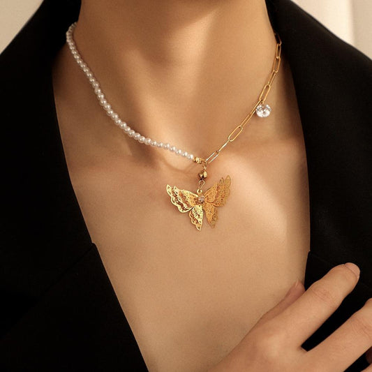 Asymmetric Personality Short Stitching Pearl Necklace Light Luxury Temperament Clavicle Chain Hollow Butterfly Pendant Jewelry