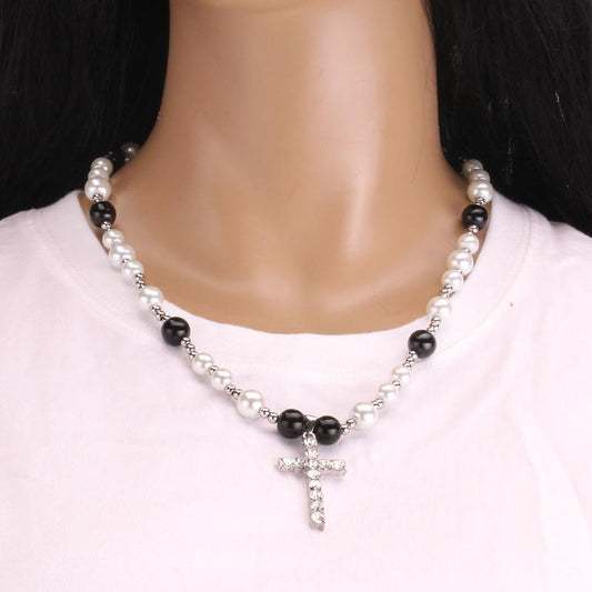 Stainless Steel Pendant Necklace Diamond Cross Pendant Glass Pearl Decoration Clavicle Chain Unisex