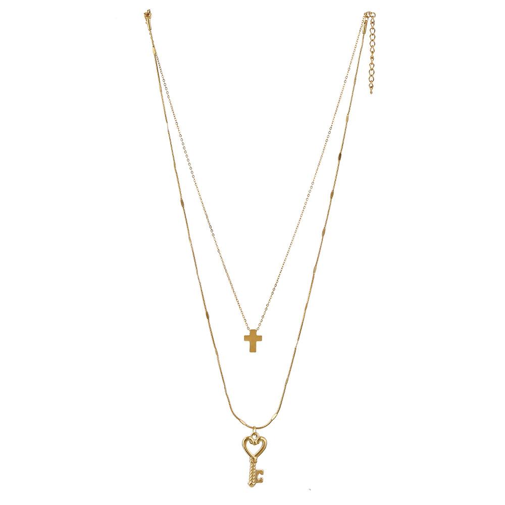 Ins niche light luxury titanium steel gold-plated cross collarbone chain fashion love personality key double layer necklace