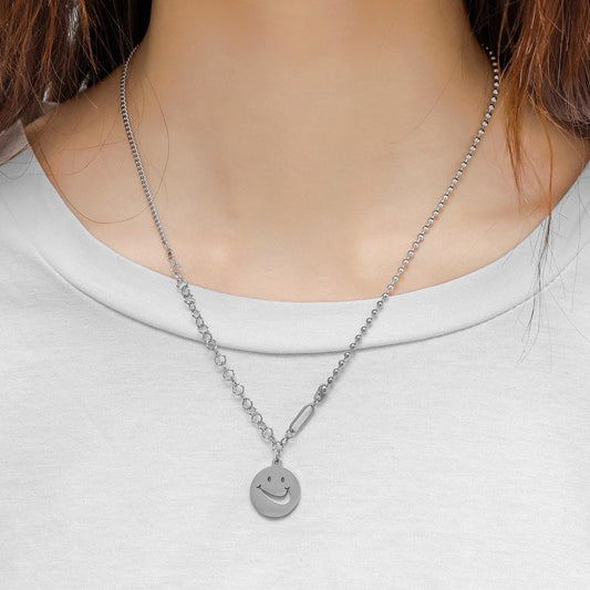 Playful smiling face titanium steel round plate pendant ins hip hop stainless steel bead chain cute expression sweater chain
