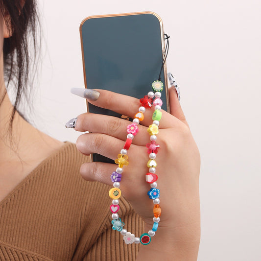 Dongdaemun simple rainbow beaded mobile phone hanging chain lanyard ladies ins love key lanyard