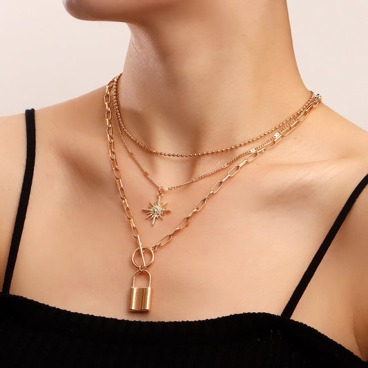 Niche Padlock Metal Exaggerated Ball Clavicle Chain Fashion Octagram Multi-layered Necklace Accessories