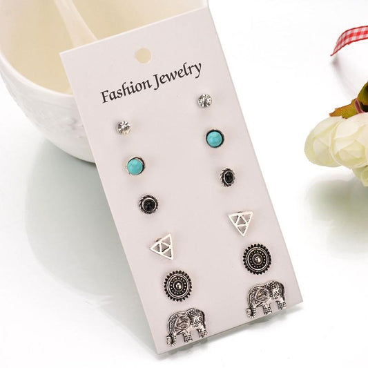 Ethnic Carved Metal Pole Earrings Bohemian Triangle Elephant Rhinestone Flower Earrings