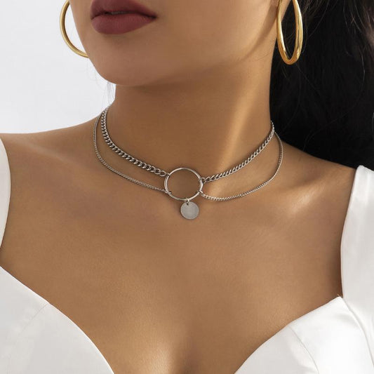 Jewelry Punk Sequins Ring Geometric Necklace Simple Creative Mashup Chain Double Layer Necklace Women