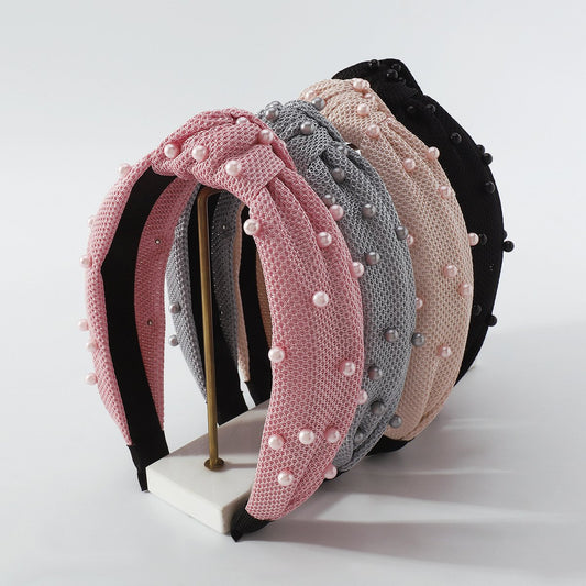 F4172 pure color sweet headband pearl knotted headband small fresh mesh lattice fabric headband