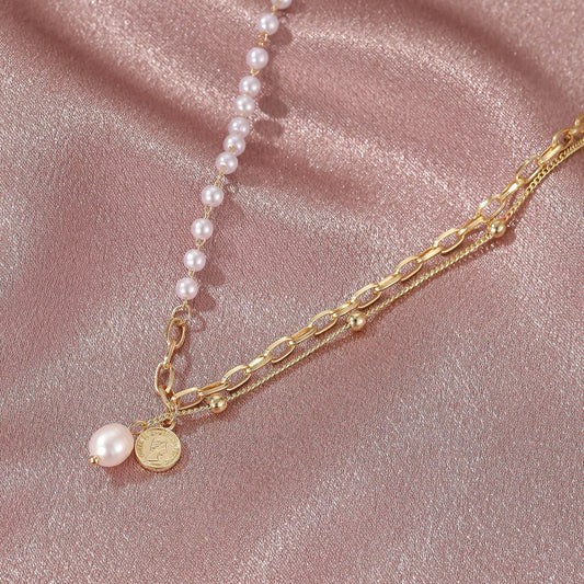 Retro Chain Pearl Pendant Necklace Fashion Temperament Trend Double Stacked Portrait Stitching Necklace