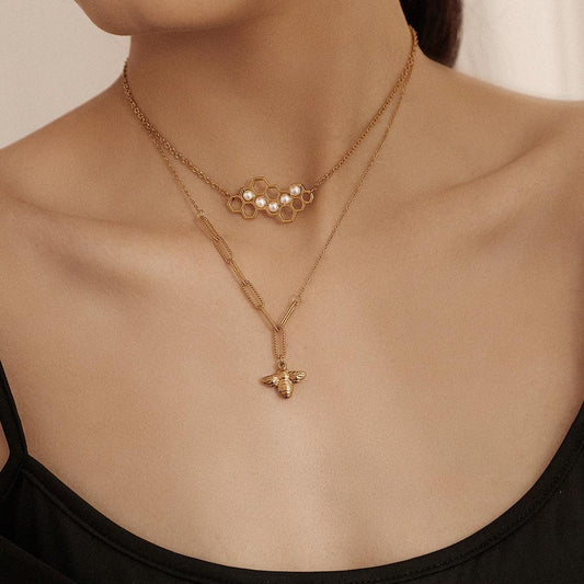 Stainless Steel Double Layer Necklace Honeycomb Bee Pearl Pendant Temperament Simple Multilayer Clavicle Chain Titanium Steel Accessories