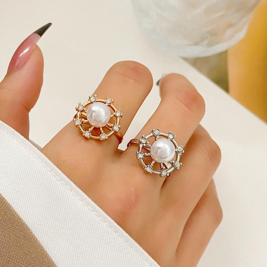 ins inlaid pearl ring female French light luxury diamond hollow flower index finger ring personality temperament ring