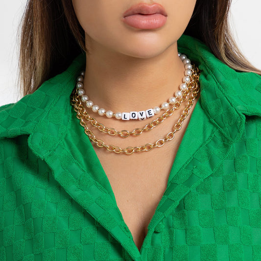 Jewelry personalized letter beaded multi-layer chain necklace female punk metal cross love pendant