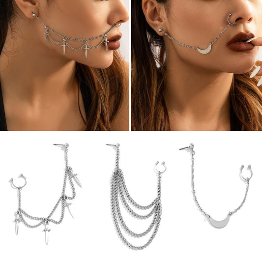 Jewelry punk punch-free iron chain tassel nose nails nose ring earrings one-piece piercing nose decoration