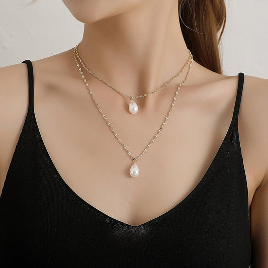 Jewelry Melon Seeds Chain Pearl Drop Shape Necklace Women's Fashion Simple Double Layer Necklace