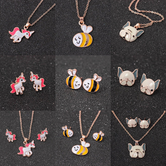 Fashion Color Pony Painting Oil Necklace Set Cartoon Creative Animal Earrings Pendant Jewelry