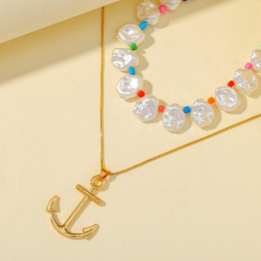 Double Bohemian Pearl Mixed Color Round Bead Clavicle Necklace Personality Retro Ship Anchor Hook Pendant Necklace