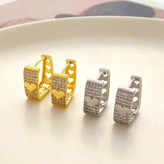 Ins full diamond square hollow heart earring fashion light luxury niche design peach heart earring net red earrings